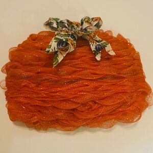Orange Pumpkin Mesh Wreath with Floral Bow